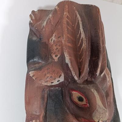 LOT 313: Carved Wood Indigenous Mask Art, Skookum Doll & Faux Marble Bill O'Neill Etched Art 1981