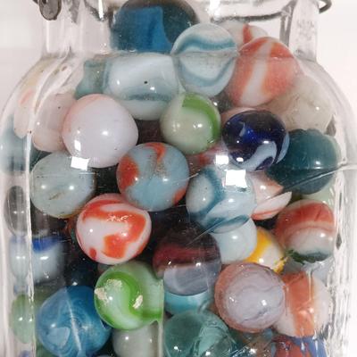 LOT 314: Vintage Marbles, Rubber DeSoto AirFlow Toy Car, Carnival Glass Piggy Bank & Seneca Sauerkraut Coin Bank