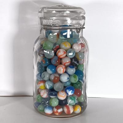LOT 314: Vintage Marbles, Rubber DeSoto AirFlow Toy Car, Carnival Glass Piggy Bank & Seneca Sauerkraut Coin Bank