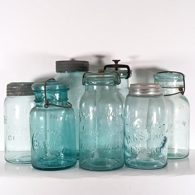 LOT 315: Collection of Blue Glass Canning Jars - Telephone Jar, Atlas, Millville Fruit Jar & More