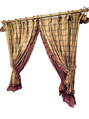 Decor - Custom Drapes - Silk Plaid Taupe & Plum with tassel trim - Drapes only