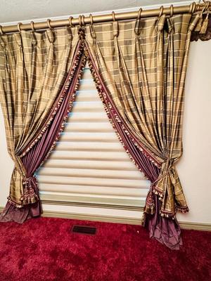 Decor - Custom Drapes - Silk Plaid Taupe & Plum with tassel trim - Drapes only