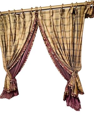 Decor - Custom Drapes - Silk Plaid Taupe & Plum with tassel trim - Drapes only
