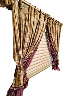 Decor - Custom Drapes - Silk Plaid Taupe & Plum with tassel trim - Drapes only