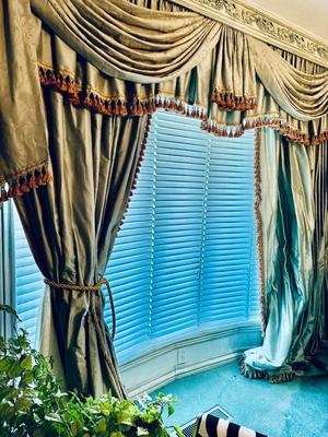 Drapes and Valance - Silk Aqua Turquoise Silk with Tassels Drapes and Valance only
