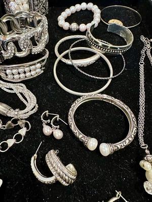 Costume Jewelry Lot D - Silver tone, Sterling, & Pearls