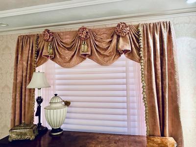 Drapes - Custom - Pink Side Panels & Valance with Rosettes & Tassels 2 Pairs - Drapes Only
