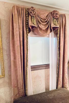 Drapes - Custom - Pink Side Panels & Valance with Rosettes & Tassels 2 Pairs - Drapes Only
