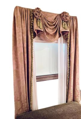 Drapes - Custom - Pink Side Panels & Valance with Rosettes & Tassels 2 Pairs - Drapes Only