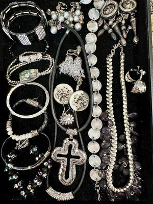 Costume Jewelry Lot G - Black & Silver tone with Pearls & Cross