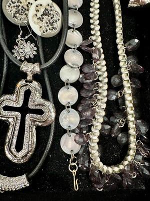 Costume Jewelry Lot G - Black & Silver tone with Pearls & Cross