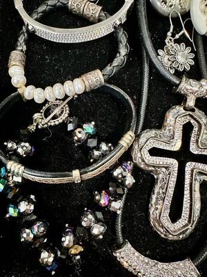 Costume Jewelry Lot G - Black & Silver tone with Pearls & Cross