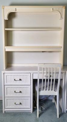 LOT 4B: Bassett Four Drawer White Desk with Top Shelving and Chair Included