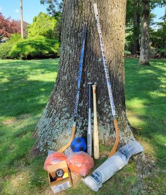 LOT 20G: Lot of Sporting Equipment Including Hockey Sticks, Baseball Bats and More