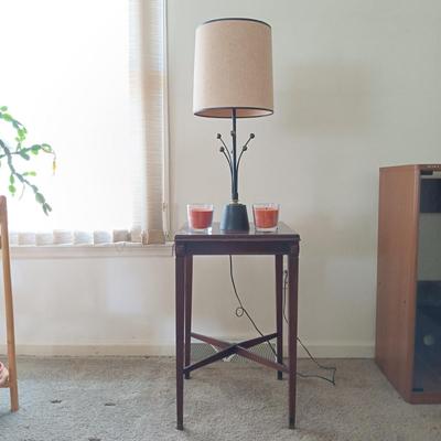 LOT 25L: MCM Table Lamp, Georgian-Style Side Table, Wood Rocking Chair & Candles