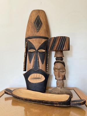 LOT 42L: African Style Wall Mask, Wood Candle Holder & Long Serving Dish