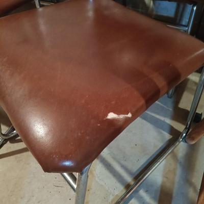 LOT 87B: Set of (6) MCM Faux Leather and Chrome Chairs with Wood Veneer Kitchen Parsons Table