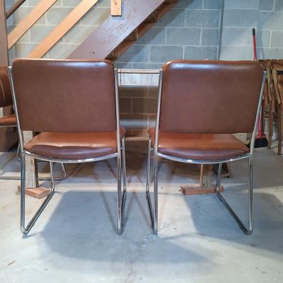 LOT 87B: Set of (6) MCM Faux Leather and Chrome Chairs with Wood Veneer Kitchen Parsons Table