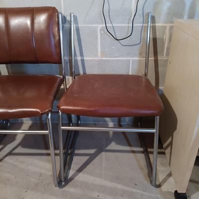 LOT 87B: Set of (6) MCM Faux Leather and Chrome Chairs with Wood Veneer Kitchen Parsons Table