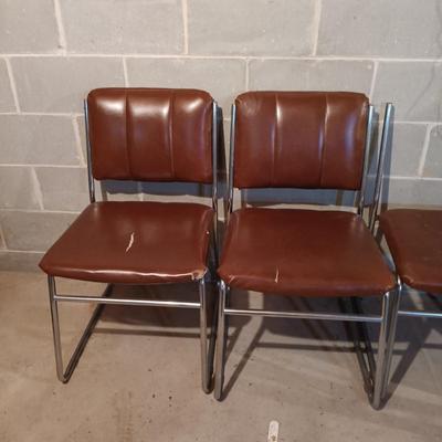 LOT 87B: Set of (6) MCM Faux Leather and Chrome Chairs with Wood Veneer Kitchen Parsons Table