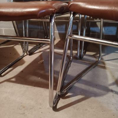 LOT 87B: Set of (6) MCM Faux Leather and Chrome Chairs with Wood Veneer Kitchen Parsons Table