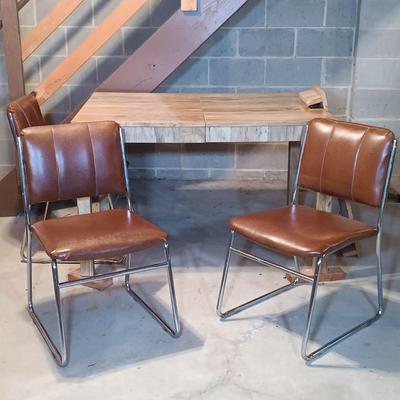 LOT 87B: Set of (6) MCM Faux Leather and Chrome Chairs with Wood Veneer Kitchen Parsons Table