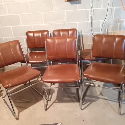 LOT 87B: Set of (6) MCM Faux Leather and Chrome Chairs with Wood Veneer Kitchen Parsons Table