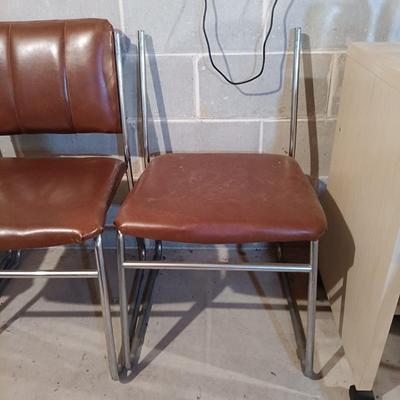 LOT 87B: Set of (6) MCM Faux Leather and Chrome Chairs with Wood Veneer Kitchen Parsons Table