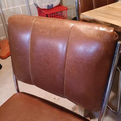 LOT 87B: Set of (6) MCM Faux Leather and Chrome Chairs with Wood Veneer Kitchen Parsons Table