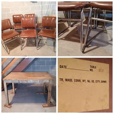 LOT 87B: Set of (6) MCM Faux Leather and Chrome Chairs with Wood Veneer Kitchen Parsons Table