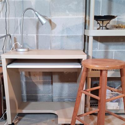 LOT 88B: Ikea Desk and Lamp with Wood Stool