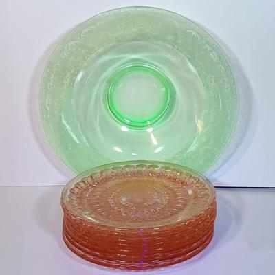 LOT 89B: Uranium Glass Bowl with Pink Depression Glass Plates