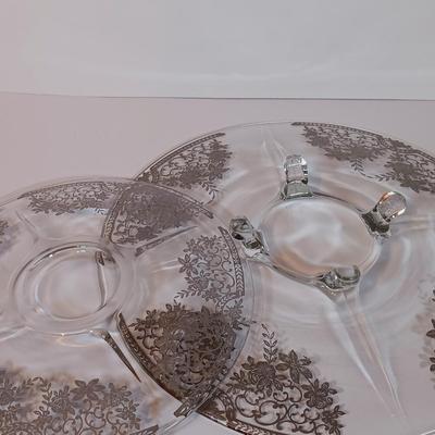 LOT 90B: Etched Gold-Tone Serving Dish, JLMENAU Blue Porcelain Dish with Metal Plate, Silver Overlay Plates & More