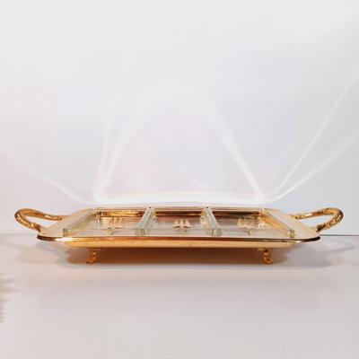 LOT 90B: Etched Gold-Tone Serving Dish, JLMENAU Blue Porcelain Dish with Metal Plate, Silver Overlay Plates & More
