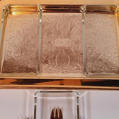LOT 90B: Etched Gold-Tone Serving Dish, JLMENAU Blue Porcelain Dish with Metal Plate, Silver Overlay Plates & More