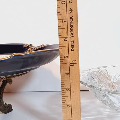 LOT 90B: Etched Gold-Tone Serving Dish, JLMENAU Blue Porcelain Dish with Metal Plate, Silver Overlay Plates & More