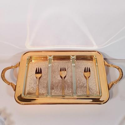 LOT 90B: Etched Gold-Tone Serving Dish, JLMENAU Blue Porcelain Dish with Metal Plate, Silver Overlay Plates & More