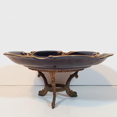 LOT 90B: Etched Gold-Tone Serving Dish, JLMENAU Blue Porcelain Dish with Metal Plate, Silver Overlay Plates & More