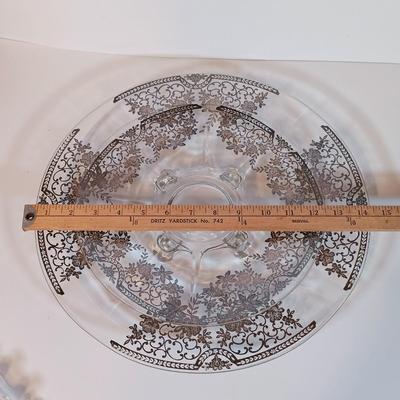 LOT 90B: Etched Gold-Tone Serving Dish, JLMENAU Blue Porcelain Dish with Metal Plate, Silver Overlay Plates & More
