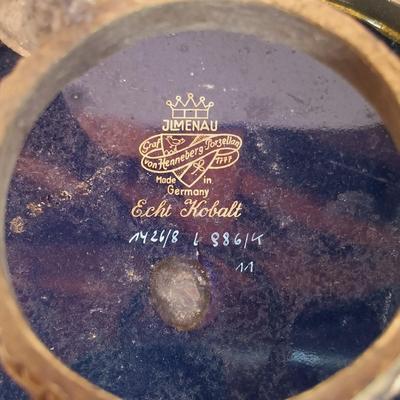 LOT 90B: Etched Gold-Tone Serving Dish, JLMENAU Blue Porcelain Dish with Metal Plate, Silver Overlay Plates & More