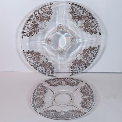 LOT 90B: Etched Gold-Tone Serving Dish, JLMENAU Blue Porcelain Dish with Metal Plate, Silver Overlay Plates & More