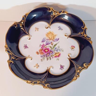LOT 90B: Etched Gold-Tone Serving Dish, JLMENAU Blue Porcelain Dish with Metal Plate, Silver Overlay Plates & More