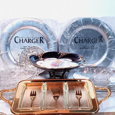 LOT 90B: Etched Gold-Tone Serving Dish, JLMENAU Blue Porcelain Dish with Metal Plate, Silver Overlay Plates & More