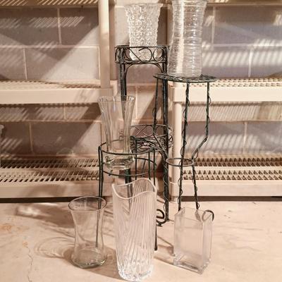 LOT 91B: Metal Plant Stands with Crystal and Glass Vases