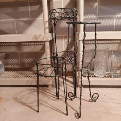 LOT 91B: Metal Plant Stands with Crystal and Glass Vases