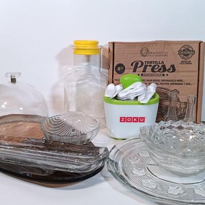 LOT 92B: Space Age Milano Lucite Cheese Tray, Victoria Cast Iron Tortilla Press, Pyrex Juice Carafe & More
