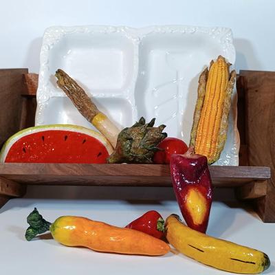 LOT 93B: Vintage California Pottery Serving Dish, Papermaché Fruit and Veggies, Cookbook Stand & Basket