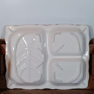 LOT 93B: Vintage California Pottery Serving Dish, Papermaché Fruit and Veggies, Cookbook Stand & Basket