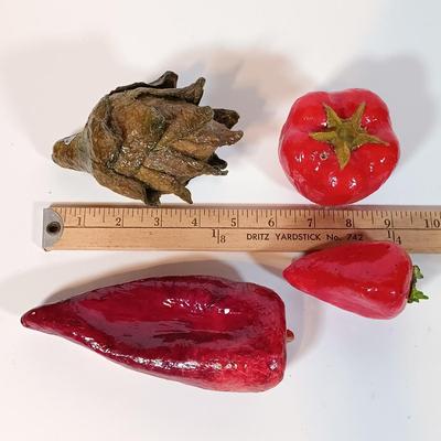 LOT 93B: Vintage California Pottery Serving Dish, Papermaché Fruit and Veggies, Cookbook Stand & Basket
