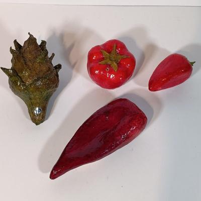 LOT 93B: Vintage California Pottery Serving Dish, Papermaché Fruit and Veggies, Cookbook Stand & Basket
